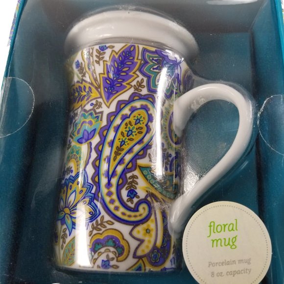 Lidded Tall 8oz Coffee Mug Gift Box Porcelain Blue/Yellow Paisley Floral B&N Mug - Picture 11 of 12